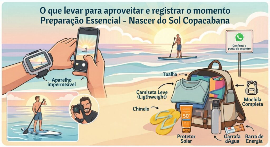 Um infográfico visual organizado sobre a areia da praia ao nascer do sol em Copacabana, mostrando os itens essenciais para levar: mochila, protetor solar, toalha, chinelo, garrafa de água e smartphone com suporte impermeável. Há inserções mostrando uma pessoa fazendo stand-up paddle e um fotógrafo profissional. Um pequeno letreiro indica para confirmar o ponto de encontro via WhatsApp.